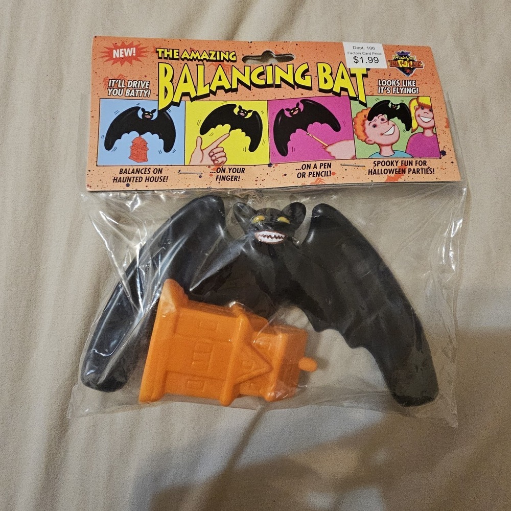 Vintage 90s Disguise Plastic Halloween Black Bat Balancing Toy Decoration